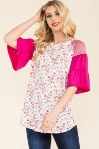 Floral Print Top With Contrasting Bell Sleeves - 2 Colors