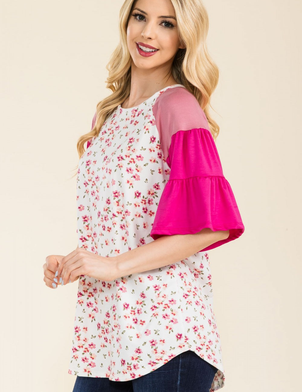 Floral Print Top With Contrasting Bell Sleeves - 2 Colors* FINAL SALE *