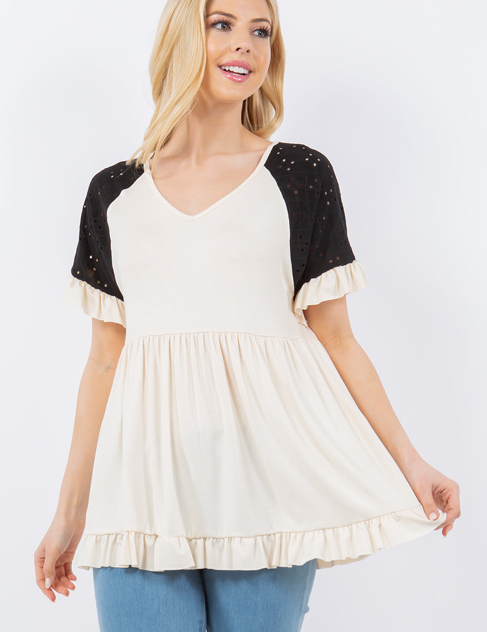 V-Neck Top With Ruffle Detail Sleeves - Cream/Black* FINAL SALE *