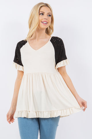 V-Neck Top With Ruffle Detail Sleeves - Cream/Black