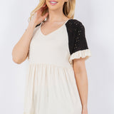 V-Neck Top With Ruffle Detail Sleeves - Cream/Black* FINAL SALE *
