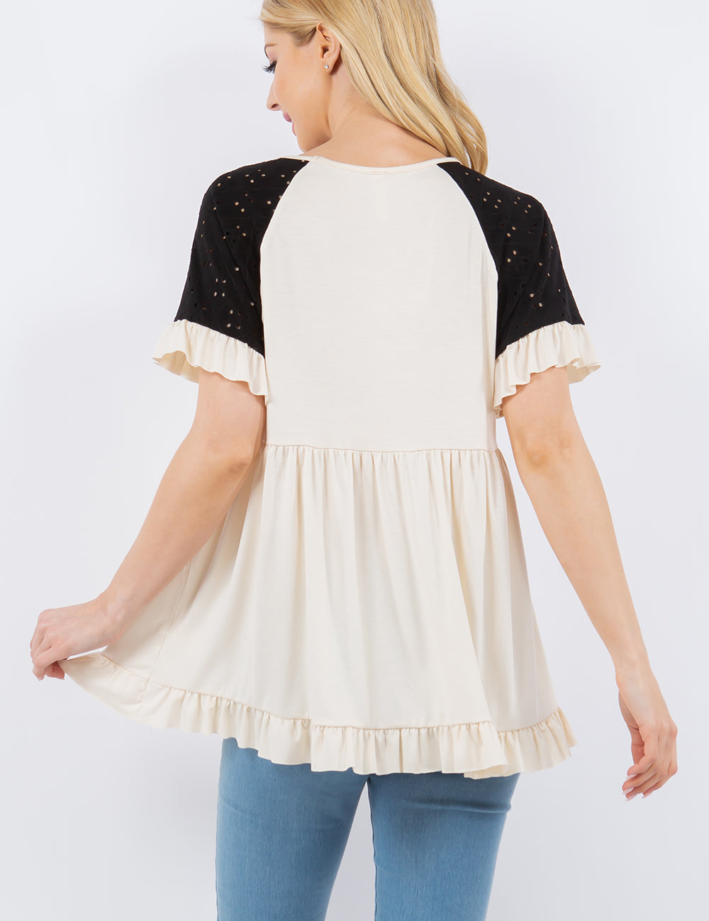 V-Neck Top With Ruffle Detail Sleeves - Cream/Black* FINAL SALE *