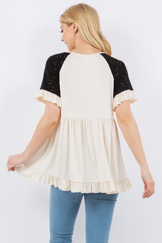 V-Neck Top With Ruffle Detail Sleeves - Cream/Black