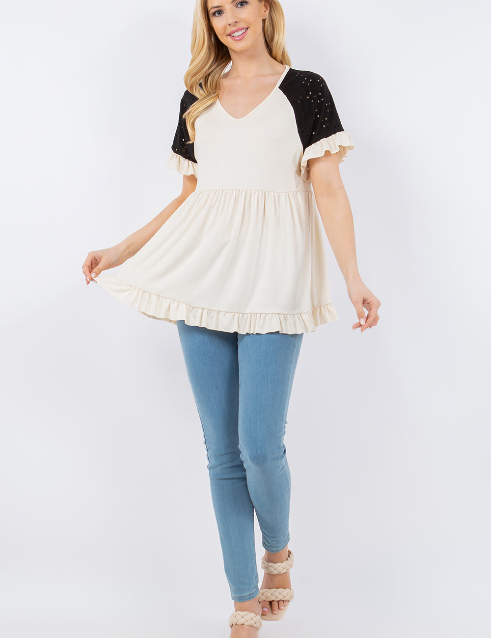V-Neck Top With Ruffle Detail Sleeves - Cream/Black* FINAL SALE *
