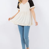 V-Neck Top With Ruffle Detail Sleeves - Cream/Black* FINAL SALE *