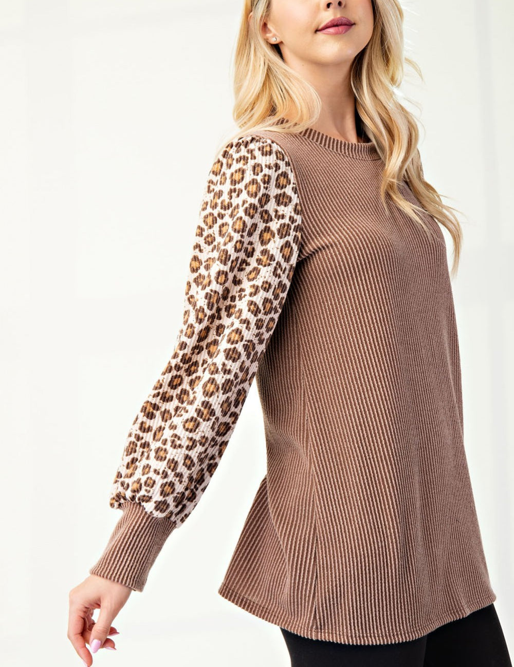 Ribbed Knit Top With Leopard Print Sleeves* FINAL SALE *