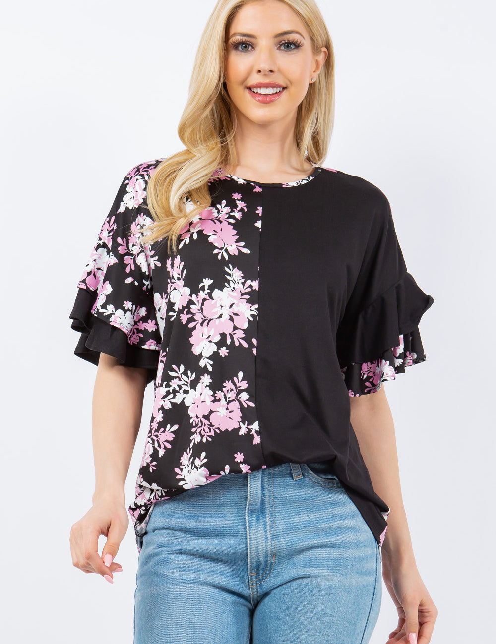 Floral Contrast Double Layer Ruffle Sleeve Top - Black* FINAL SALE *