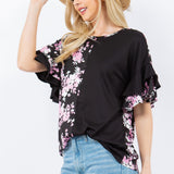 Floral Contrast Double Layer Ruffle Sleeve Top - Black* FINAL SALE *
