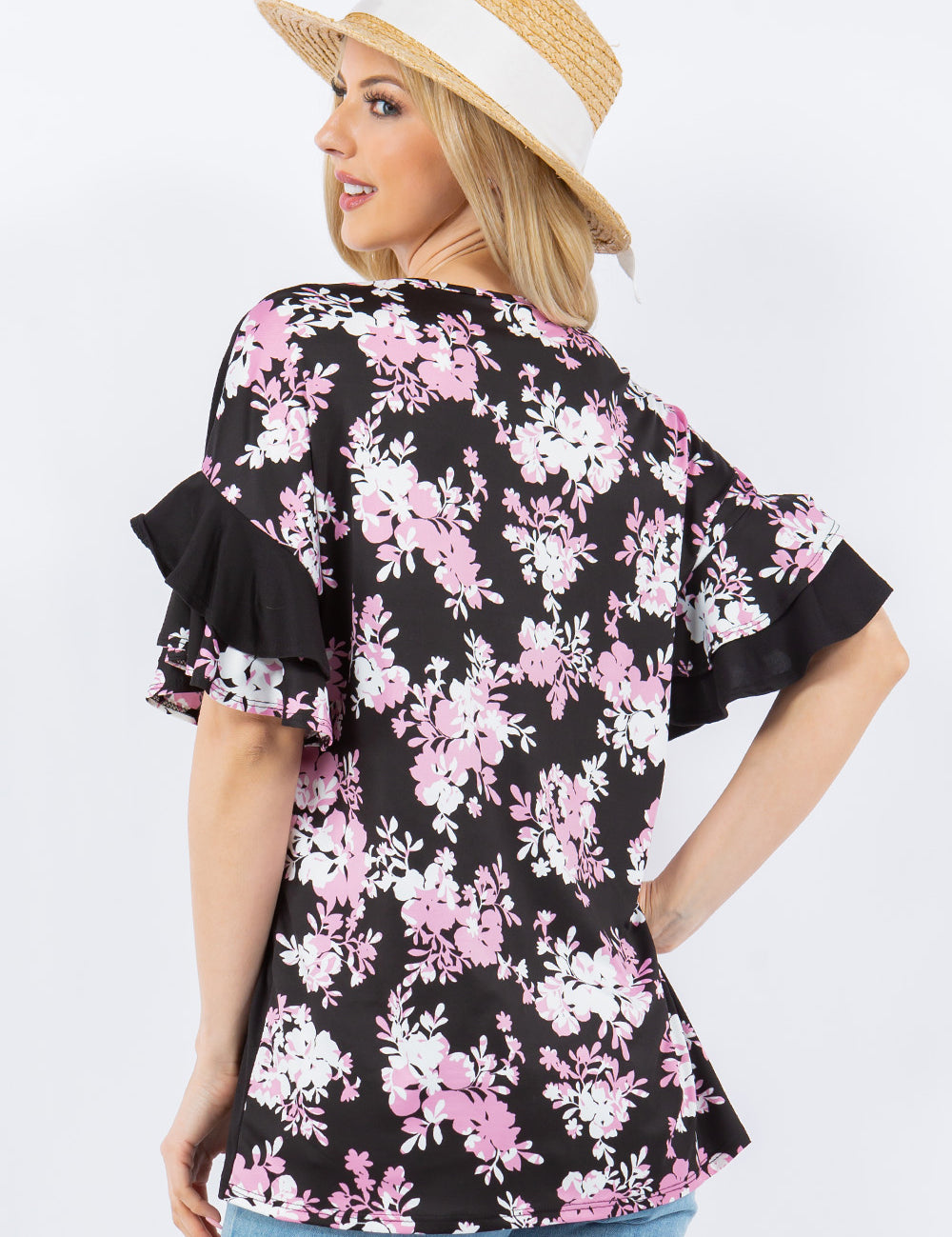 Floral Contrast Double Layer Ruffle Sleeve Top - Black* FINAL SALE *