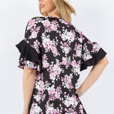 Floral Contrast Double Layer Ruffle Sleeve Top - Black* FINAL SALE *