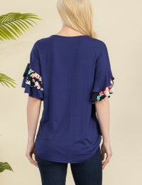 Floral Contrast Double Layer Ruffle Sleeve Top - Navy* FINAL SALE *