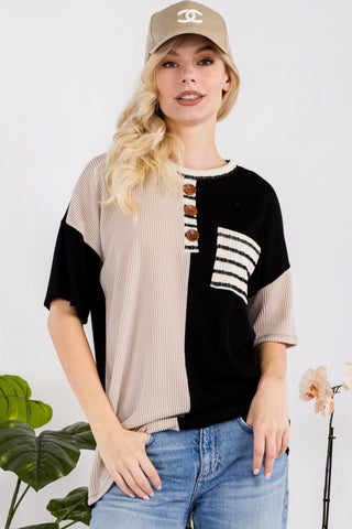 Rib Color Contrast Top - Black/Stripe