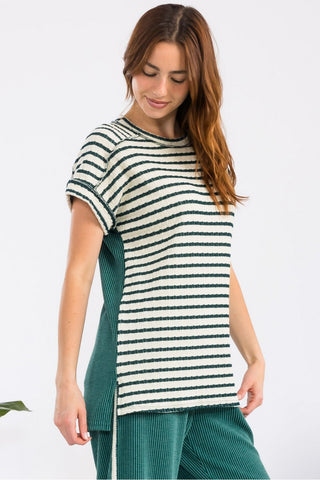 Stripe Contrast Top With Short Cuff Sleeves - H.Green