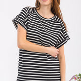 Black Stripe Contrast Top With Short Cuff Sleeves - Black* FINAL SALE *