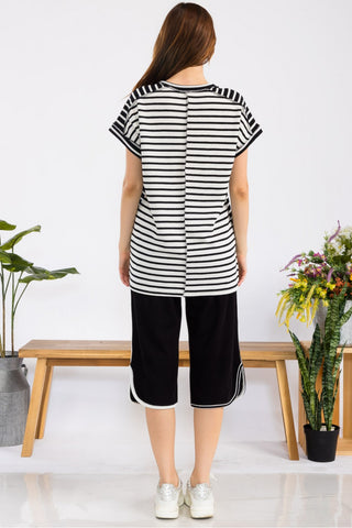 Black Stripe Contrast Top With Short Cuff Sleeves - Black