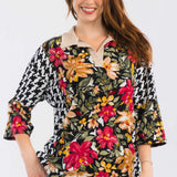 Floral Print Colorblock Split Neck Collared Top - Black/Floral* LAST ONES FINAL SALE *