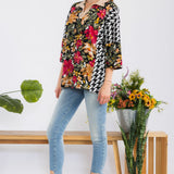Floral Print Colorblock Split Neck Collared Top - Black/Floral* LAST ONES FINAL SALE *