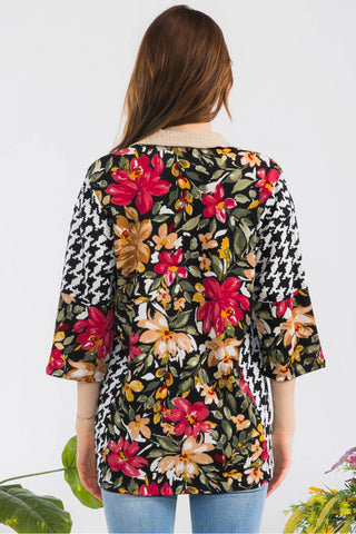 Floral Print Colorblock Split Neck Collared Top - Black/Floral