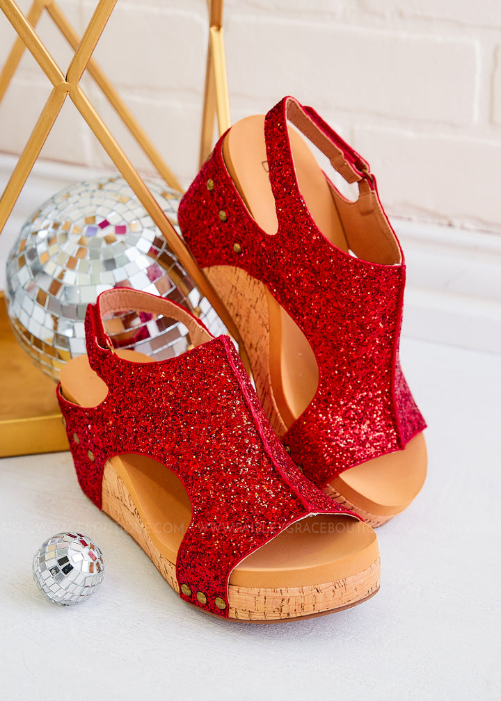Carley Wedge Sandals by Corkys - Red Glitter