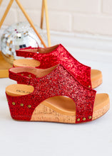Load image into Gallery viewer, Carley Wedge Sandals by Corkys - Red Glitter
