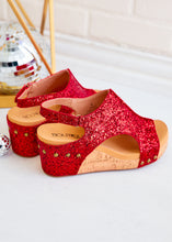 Load image into Gallery viewer, Carley Wedge Sandals by Corkys - Red Glitter
