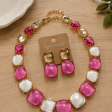 Charlotte Resin Crystal Necklace & Earrings - Pink