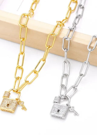 Lock And Key Pave Pendant Necklace - Silver