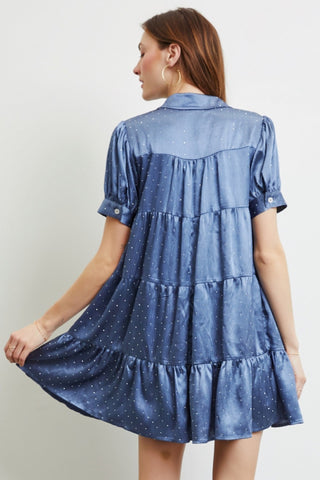 Heyson Tiered Beaded Satin Shirt Dress - Black or Blue - LAST ONE FINAL SALE