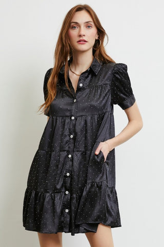 Heyson Tiered Beaded Satin Shirt Dress - Black or Blue - LAST ONE FINAL SALE