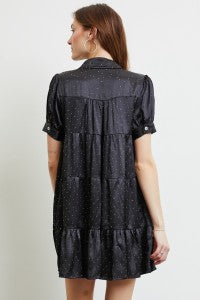 Heyson Tiered Beaded Satin Shirt Dress - Black or Blue - LAST ONE FINAL SALE