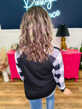 Black Top With Ivory Plaid Long Sleeves