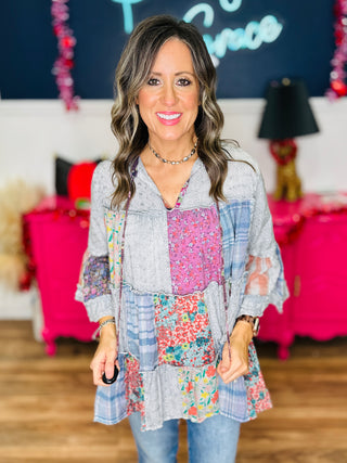 Multi Print Patchwork Top - Grey