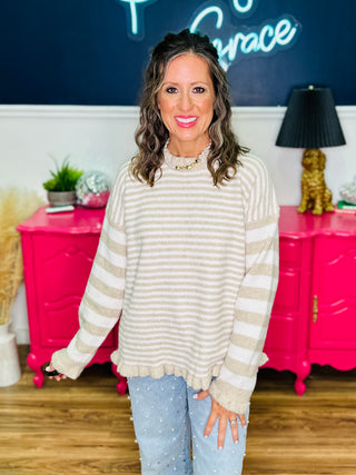 Lena Taupe Stripe Frill Hem Sweater