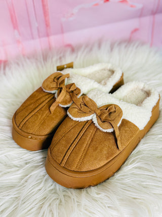 Brown Bow Fuzzy Slippers