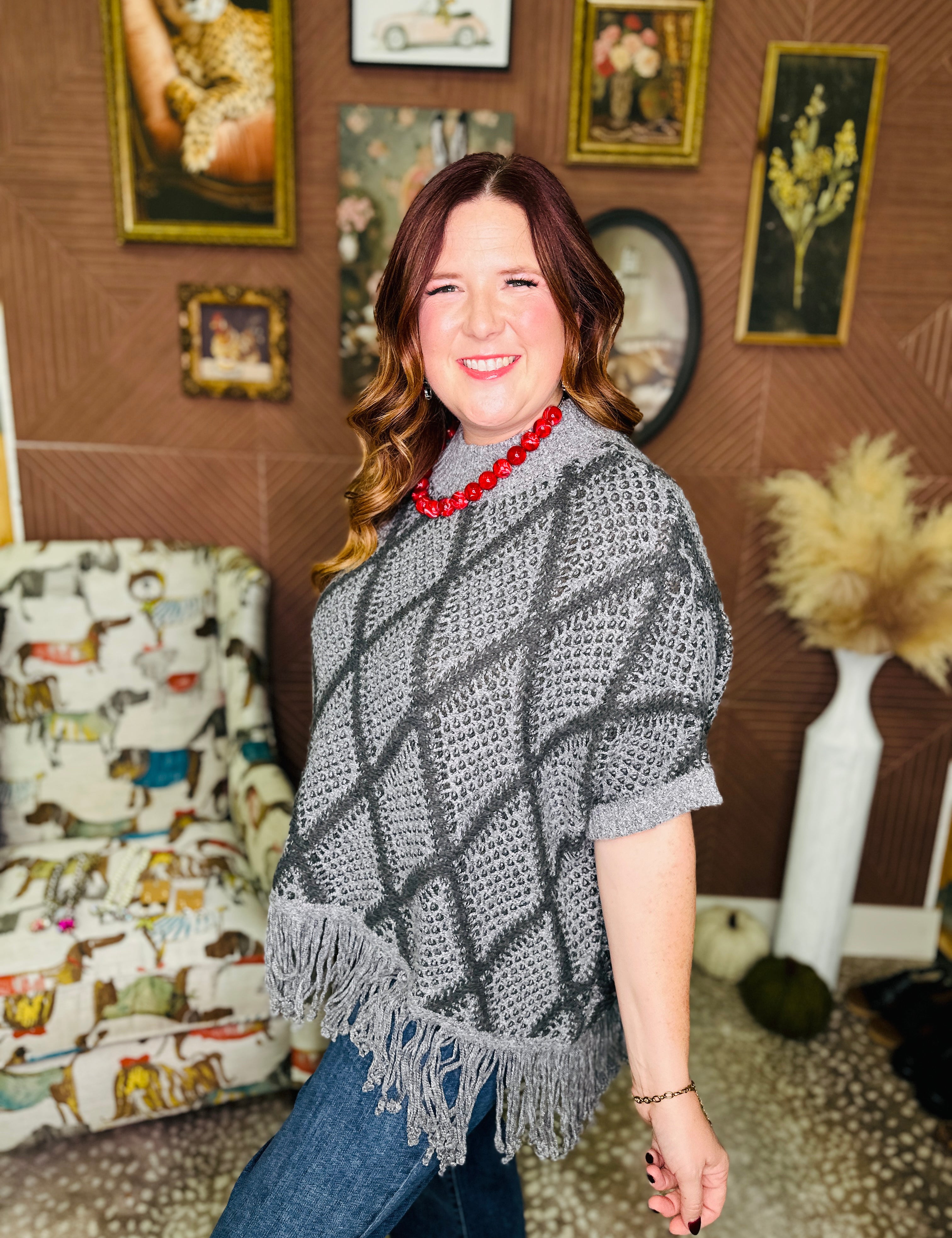 Sweater Poncho With Fringe Hem