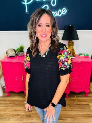 Black V-Neck Top Floral Embroidered Puff Sleeves