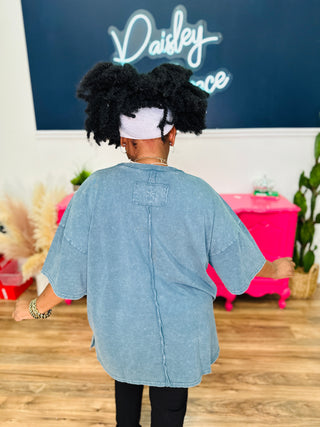 Crochet Pocket Mineral Washed Top - Faded Teal