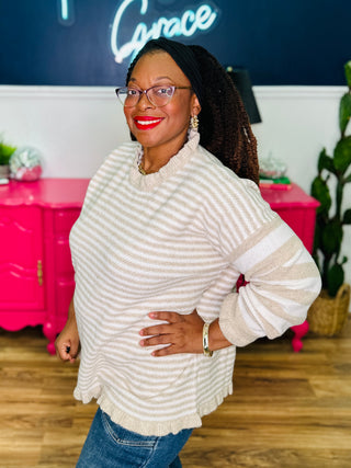 Lena Taupe Stripe Frill Hem Sweater