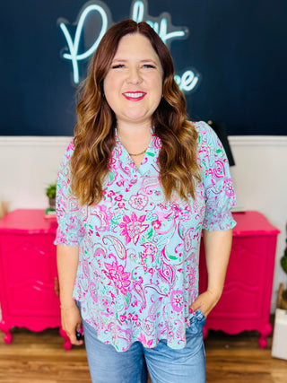 Dear Scarlett Lizzy Smocked Top - Aqua Pink Paisley Floral