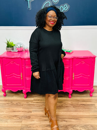 Waffle Knit Long Sleeve Dress - Black