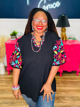 V-Neck Multi Embroidered Puff Sleeve Top