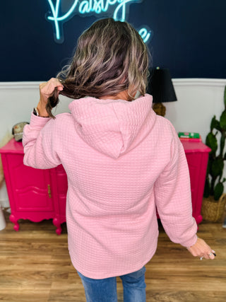 Pink Quilted Square-Stitch Hoodie