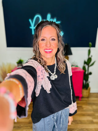 Harper Black Patchwork Daisy Detail Top