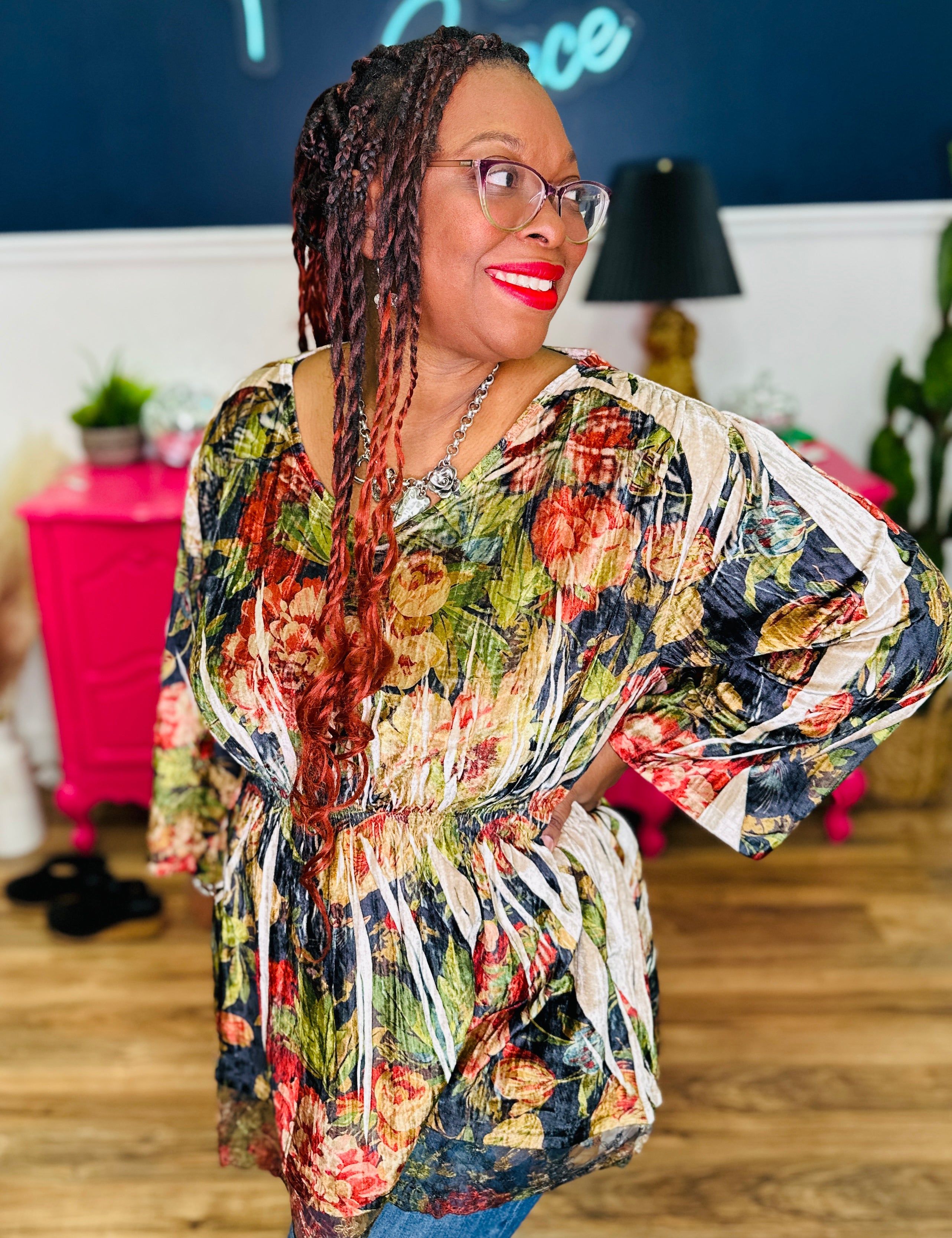 Velvet Floral Gathered Top - LAST ONES FINAL SALE