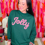 Chenille "Jolly" Sleeve Top with Varsity Stripe - Green  - PREORDER