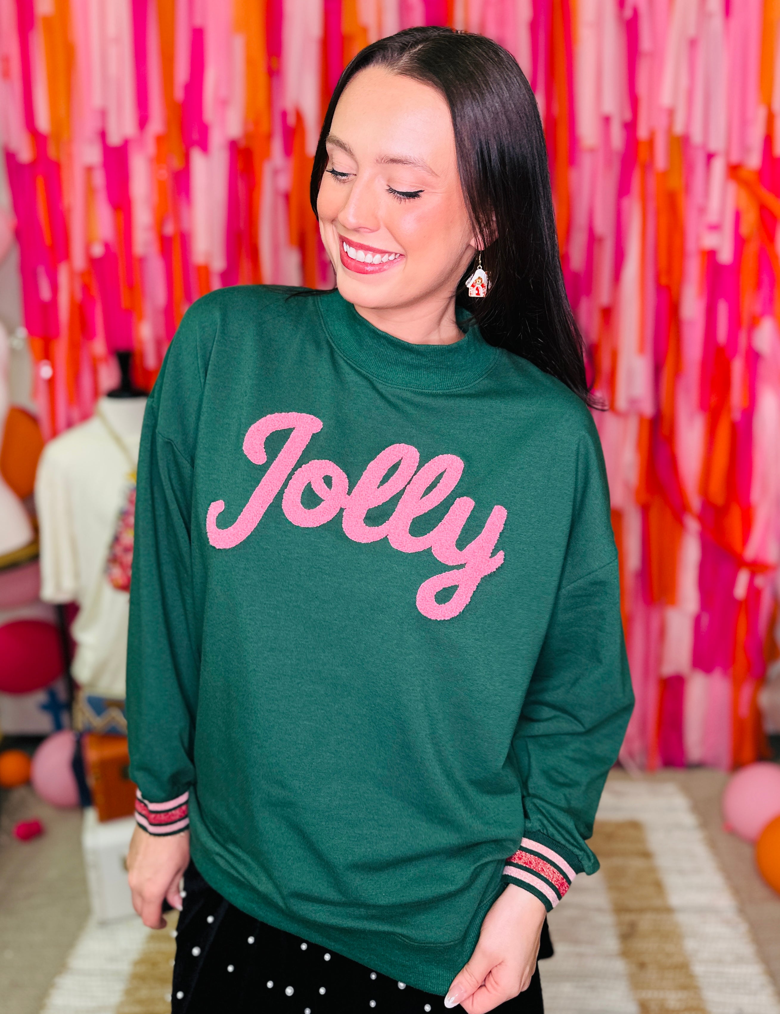 Chenille "Jolly" Sleeve Top with Varsity Stripe - Green  - PREORDER