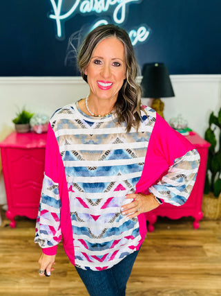 DEAL - Geometric Print With Stripes Print Top