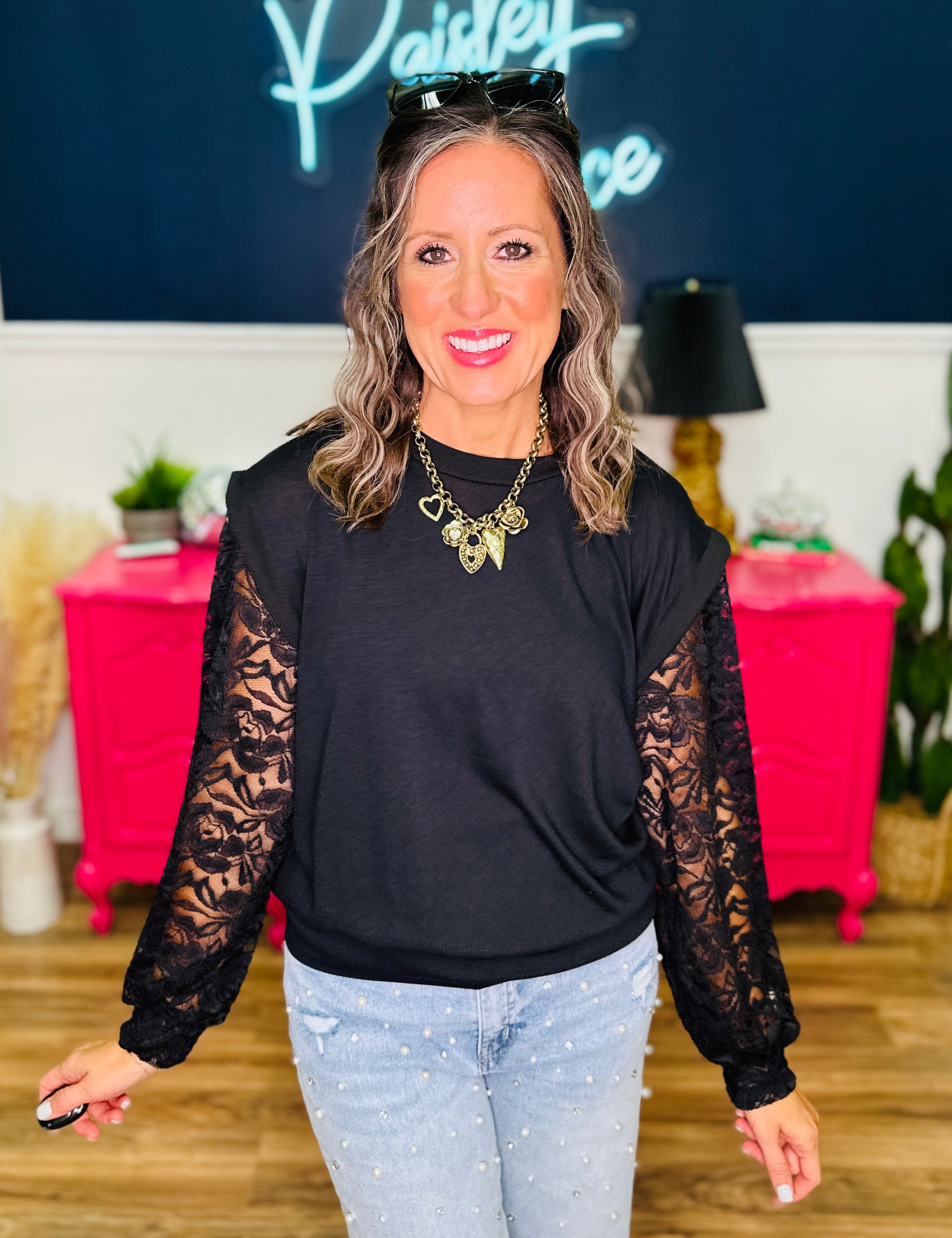 Vivienne Black Lace Sleeve Top - LAST ONES FINAL SALE