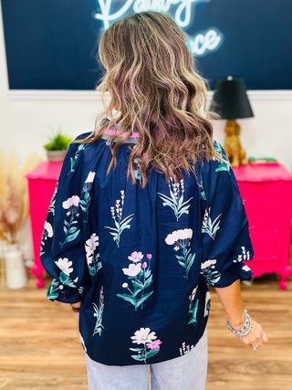 Floral Contrast Trim Blouse