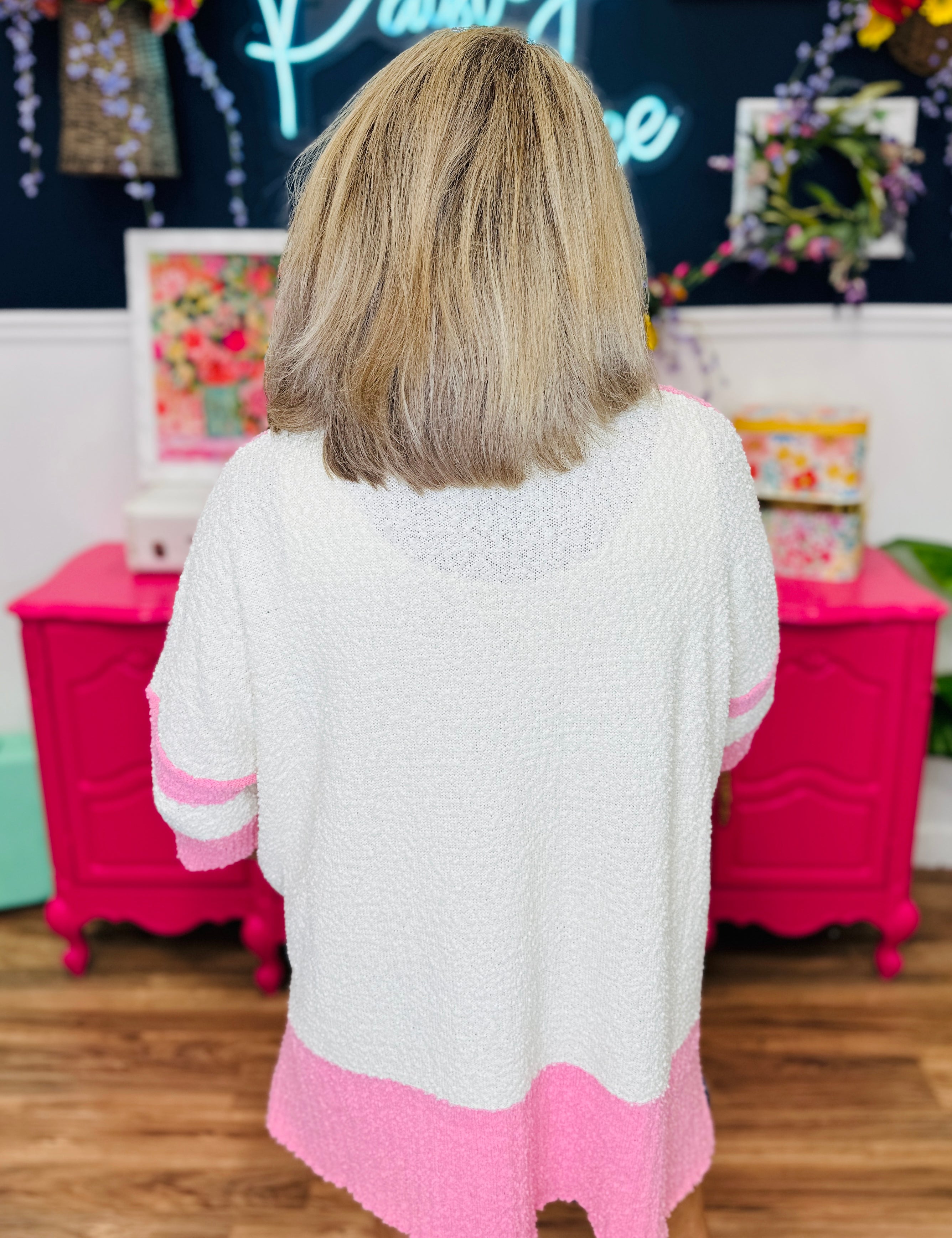 V-Neck Button Down Striped Cardigan - Pink